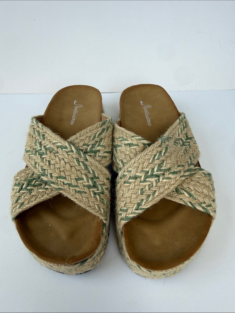 FESTISSIMO Natural Braided Espadrille Slide with Green Accent size 9